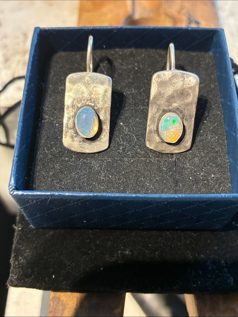 Sterling Silver Pounded Opal Drop Earrings - Iridescent Opal with Patina